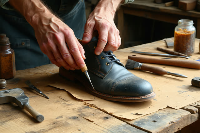 I dream of two natural hands at an old shoe repair bench, setting a small rubber heel stop into a worn shoe sole so the