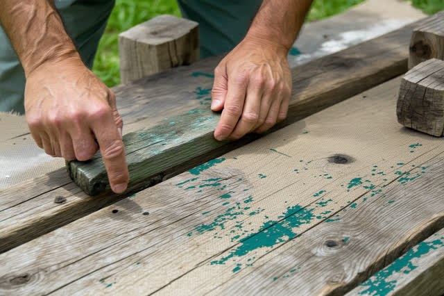I dream of two natural hands at a public park bench repair station, setting a thin hardwood shim under a loose bench sla