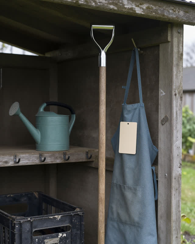 I dream of a public garden tool checkout rack under a covered outdoor work shelter, where the old high hook still looks
