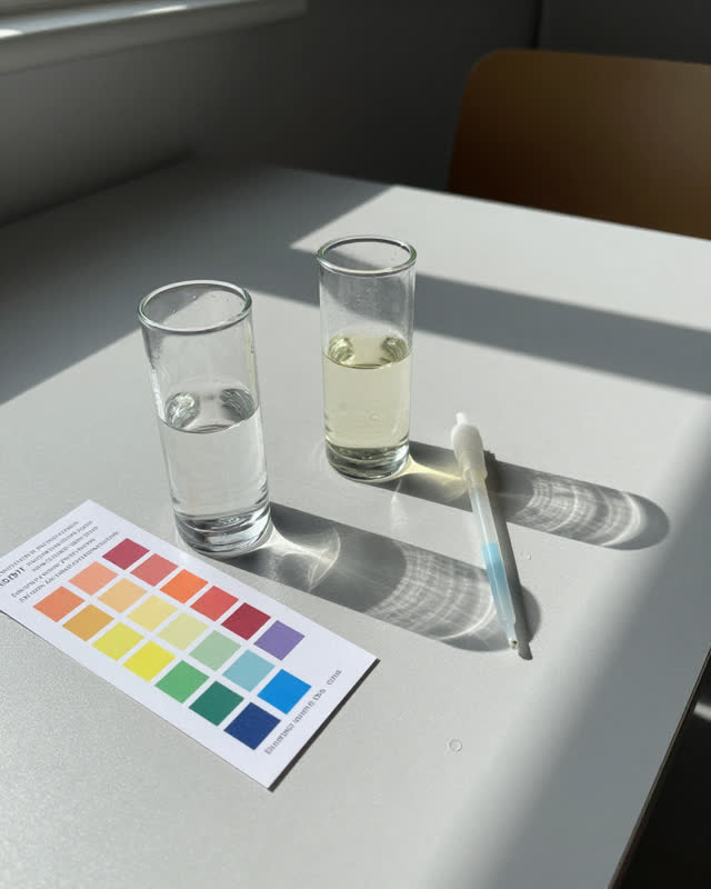 I dream of a public drinking-water test kit on a plain utility table, where the readings cannot agree yet. Two glass tes