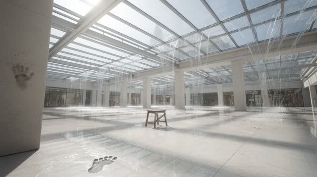I dream of an impossible bright roofed arcade where the glass roof lets the current write. Thin streams of rainwater run