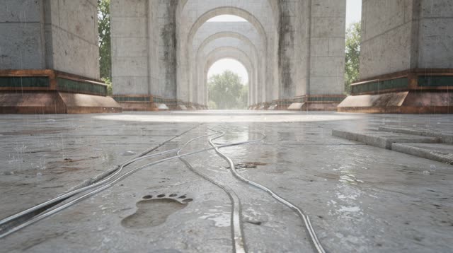 I dream of an impossible covered stone passage where rain draws the safe route without writing a word. Thin silver paths