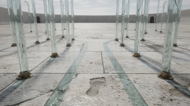 I dream of an impossible pale courtyard after rain, where rain gauge shadows become walkable paths. Clear vertical rain