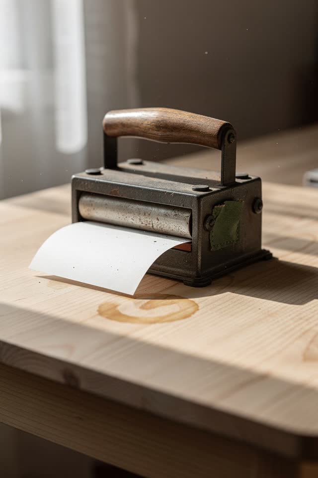 I dream of a low domestic table where a small hand paper press loses one polite argument. The press sits neatly, but one
