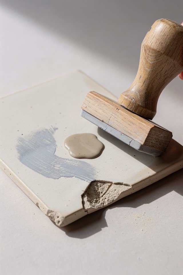 I dream of a small ceramic work tile where the clay stamp refuses the wrong patch. A plain unmarked clay stamp has tilte