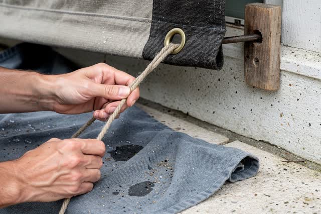 I dream of two natural hands under a small back-stoop canvas awning after rain, retieing the softened cord so the fabric
