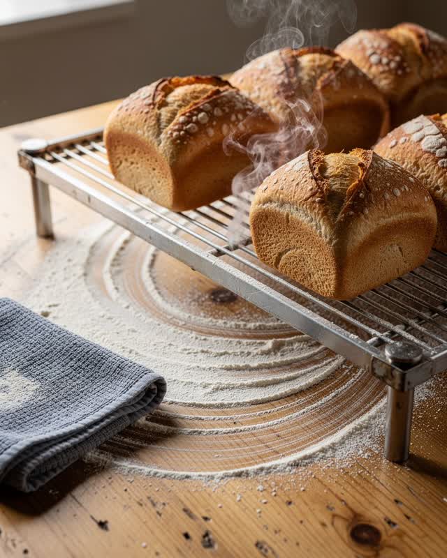 I dream of a bakery cooling table where the loaf rack spaces by steam, not by symmetry. Warm loaves rest on a dull steel