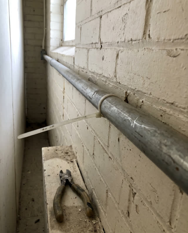 I dream of a clean utility corridor where a cable tie shows the exact point of strain. Along an off-white painted brick
