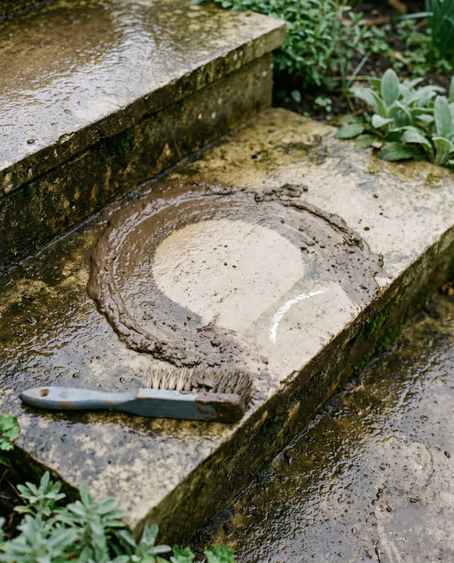 I dream of a rain-dark garden stair where one step is clean where it should be muddy. A pale stone tread holds a dry cle
