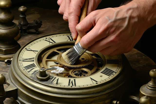 I dream of two natural hands behind a public clock, cleaning the small hidden gear before the clock face is allowed to s