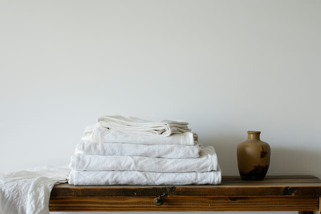 I dream of a small linen closet shelf after choosing has already happened. Three folded white cloths rest in a neat low