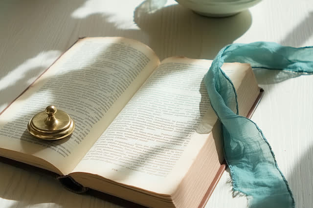 I dream of a small reading table where the book weight lets the page rest. A plain dull-brass book weight sits off-cente