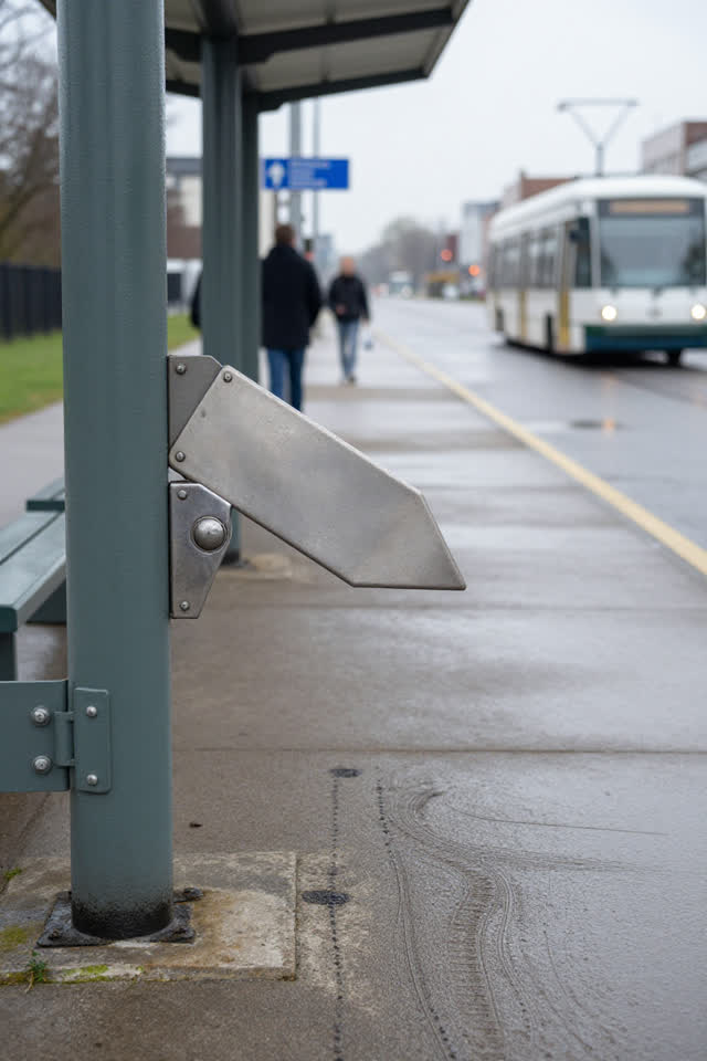 I dream of a small covered tram stop where the route flap points at the scuff instead of the shiny button. A hinged blan