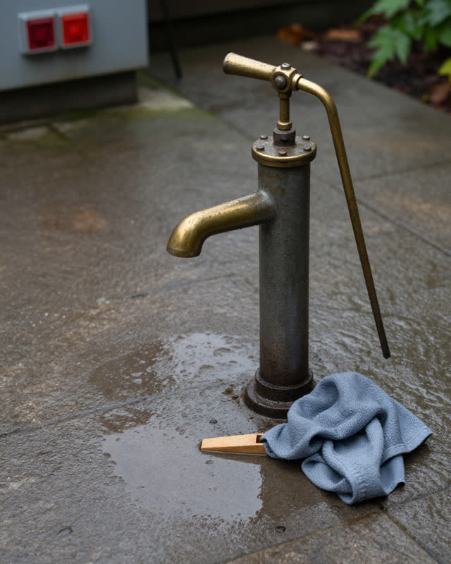 I dream of a rain-dark garden wash stand where the hand pump holds pressure too long. The worn pump handle is stuck slig