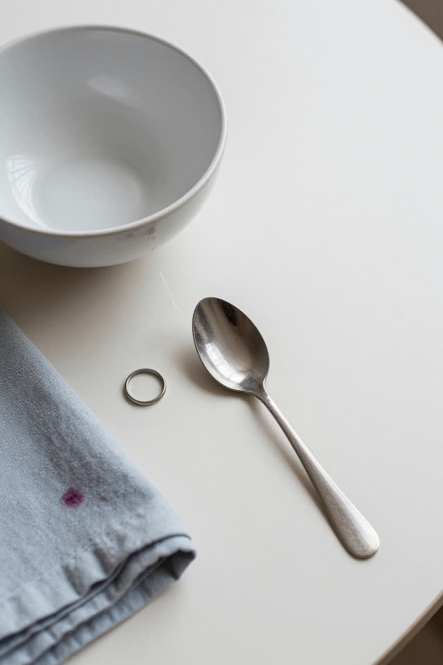 I dream of a small breakfast table where the spoon points at the real drip. A plain dull-steel spoon has slid away from