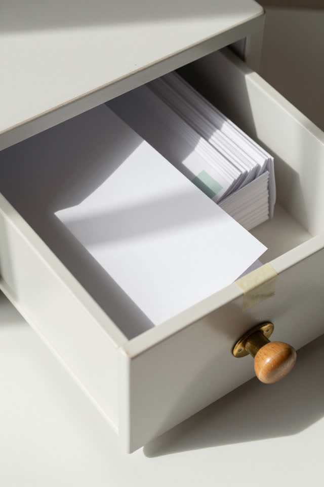 I dream of a small pale filing drawer that refuses to be finished. The drawer is almost closed, but one blank paper slip