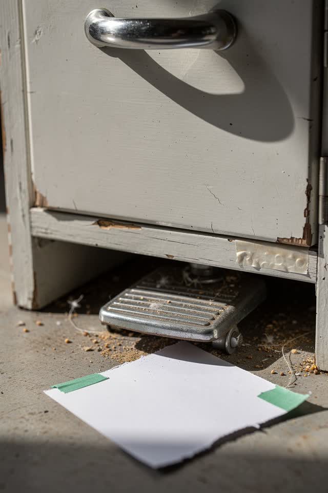 I dream of a small utility cabinet where the shiny handle waits its turn. A scuffed foot pedal at the base has nudged a