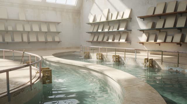 I dream of an impossible public sorting room where water gets to vote before the shelves straighten. Shallow clear chann