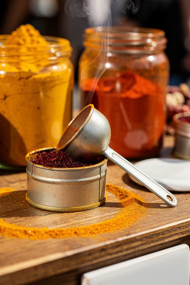 I dream of a bright market spice stall where the little scoop waits for the steam. A tiny dull metal scoop has tipped it