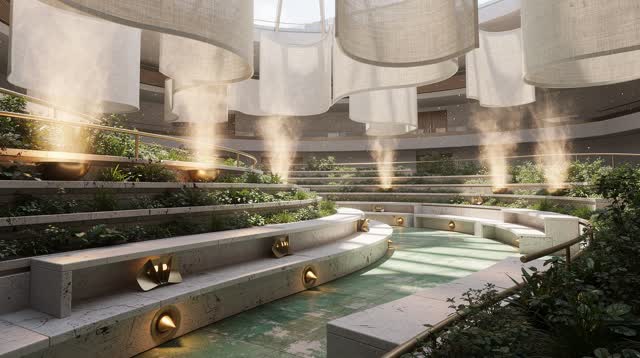I dream of an impossible public atrium that lets warm air vote before the room rearranges itself. Soft columns of warm a