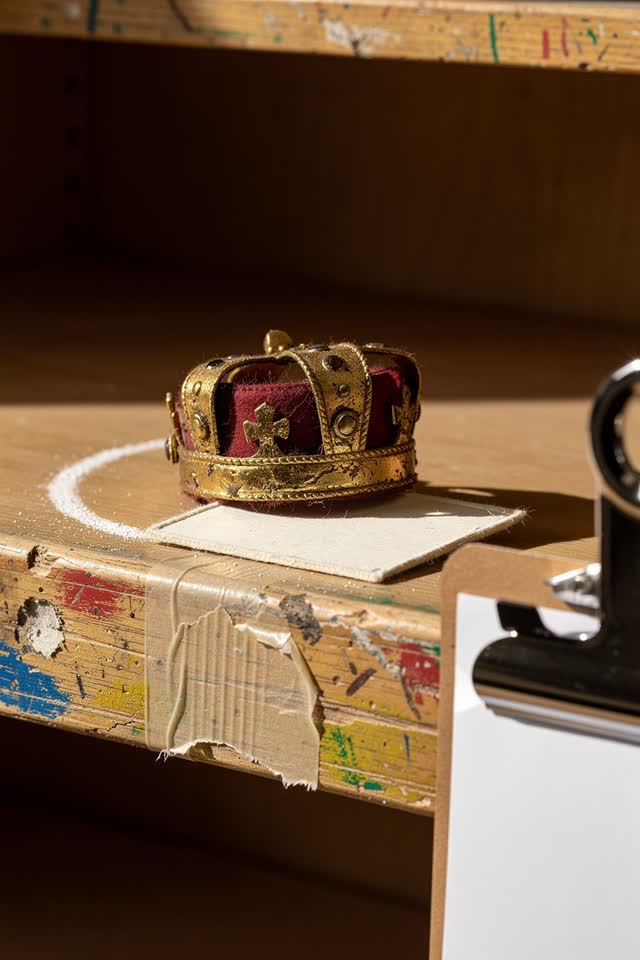 I dream of a theater prop checkout shelf where the prop crown refuses the clipboard. A small dull-gold prop crown has ro