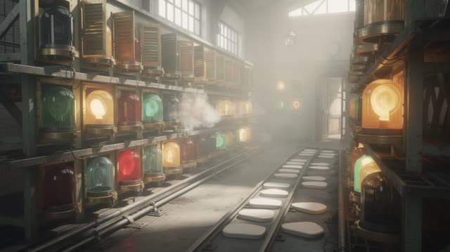 I dream of an impossible train signal lamp room that lets warmth fade before anything clears. Stacked colored lamp cover