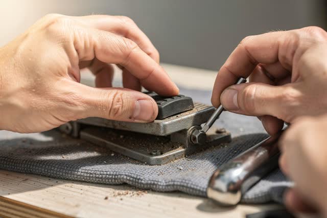 I dream of two natural hands giving a scuffed foot pedal its grip back. On a compact utility bench, the hands are replac
