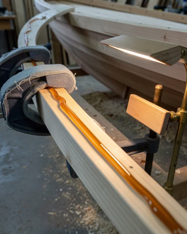 I dream of a small boat workshop where the rib waits for the resin to cloud. A pale cedar hull rib is held in blue-gray