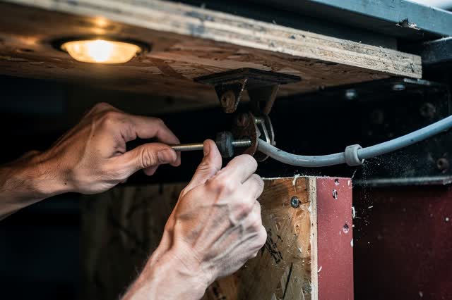 I dream of two natural hands under a theater trapdoor, adding one small rubber stop so the latch cannot reset before the