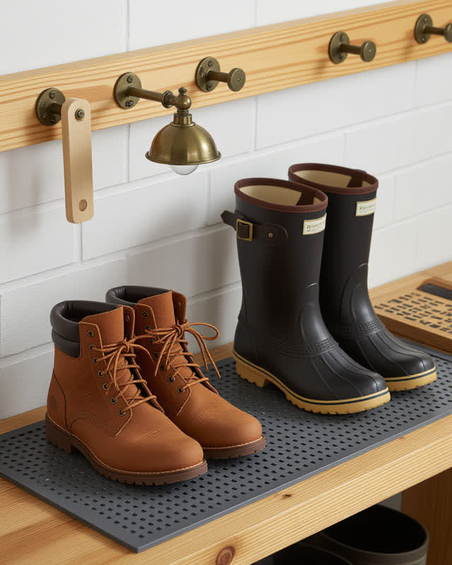 I dream of a snowroom boot rack that keeps the place until the drip stops. One empty boot space is protected by a blank