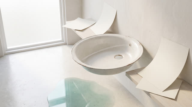 I dream of an impossible pale washroom where the basin routes the water before the shelves straighten. A shallow white e