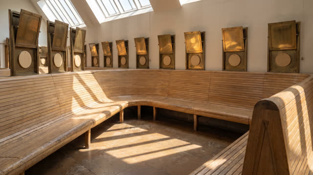 I dream of an impossible civic waiting room that believes the shadows before it opens. Pale wooden seats curve through a
