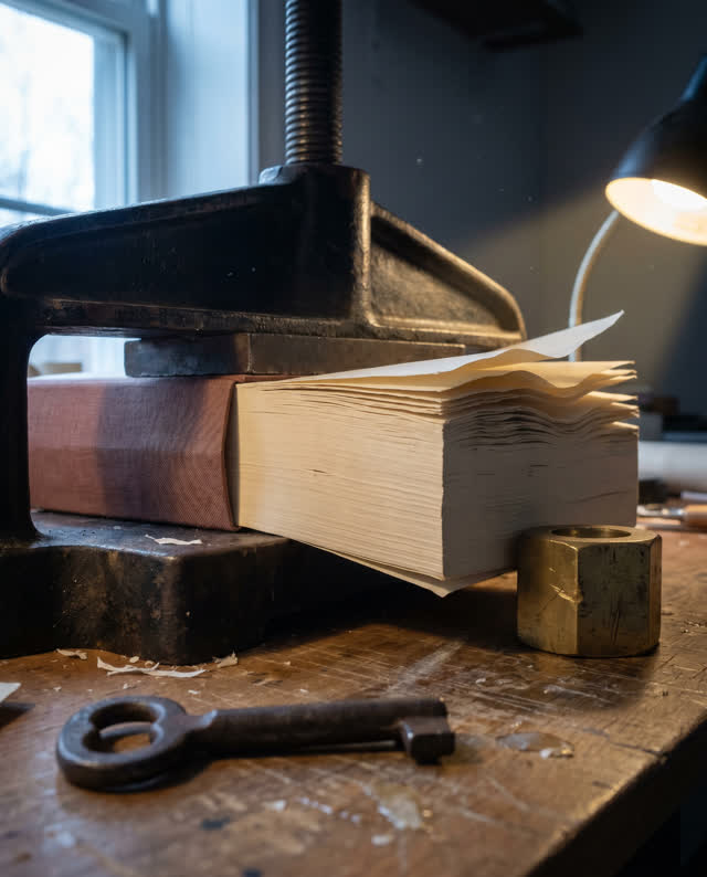 I dream of a small bookbinding bench where the press has released the wrong edge. A cream page block sits in a worn hand