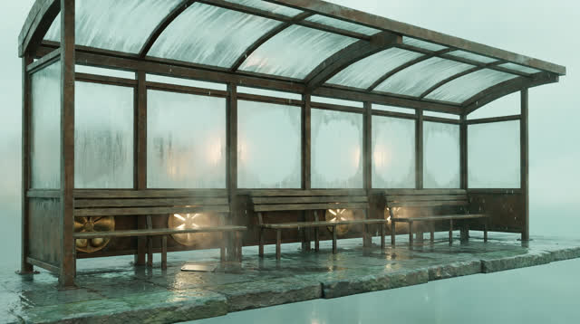 I dream of an impossible tram shelter that waits for breath to clear before anything opens. Under a rain-worn canopy, tr