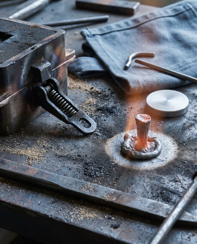 I dream of a compact metal casting bench where the mold says open before the metal agrees. A small dark mold latch has s