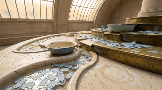 I dream of an impossible public fountain valve hall where water, brass, and paper negotiate sequence before anything ope
