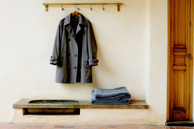 I dream of a small coat-drying room after rain, where the coat hangs without dripping. One plain charcoal coat rests on