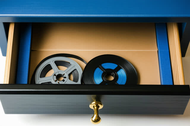 I dream of a small archive film reel cabinet after inspection, where the film curl has relaxed. A plain charcoal film re