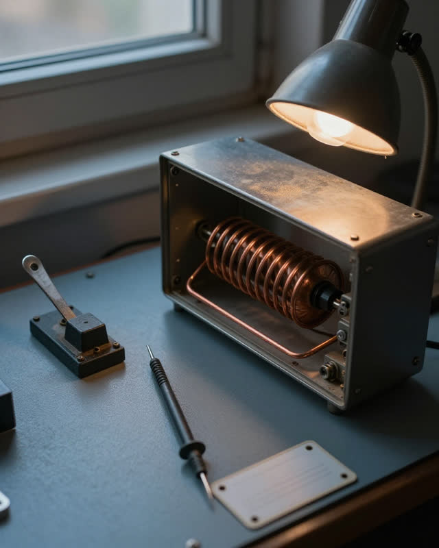 I dream of a compact radio repair bench where the coil is still warm. An opened receiver sits on a blue-gray rubber mat;