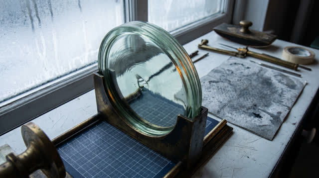 I dream of myself as a small optical calibration bench beside a cold morning window, waiting for a ribbed pale-green gla