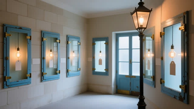 I dream of an impossible public streetlamp gallery where the room opens by cooling light. Small access panels along pale