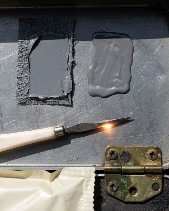 I dream of a cold field case lid where adhesive remembers the wrong shape. On the left, a peeled gray adhesive ghost sti