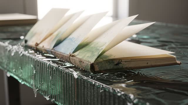 I dream of a narrow usable archive table partly flooded by impossible clear harbor water. Blank pale ledger pages lift f