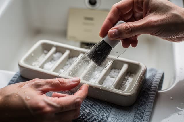 I dream of two natural hands beside a cold work sink, reseating a clear glass slide into a shallow ceramic rinsing rack