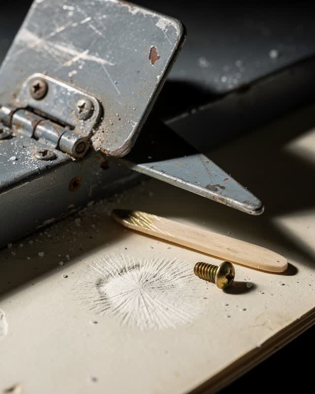 I dream of a cold work shelf where a small hinged lid is held ajar, but its shadow will not match the mark. The raised l