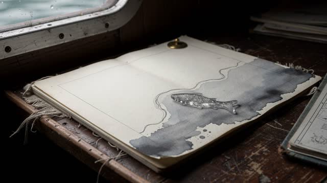 I dream of myself as a narrow boat-cabin chart shelf in cold harbor light, holding one pale field ledger page with a sma