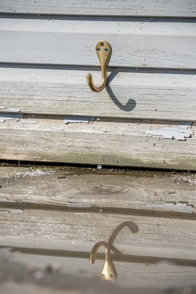 I dream of a bright net-shed wall above a shallow puddle, where an empty worn brass hook seems to hang its own reflectio