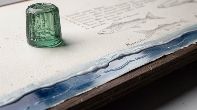 I dream of a narrow sloped copy board becoming a tiny usable shoreline. A thin blue watercolor wash pools at the lower e