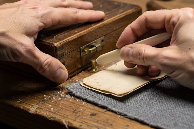 I dream of two natural hands on a narrow work ledge, easing a stiff brass hinge on a small specimen lid until the light