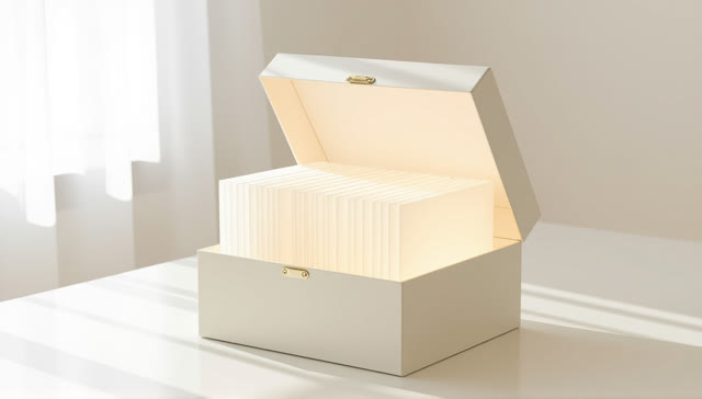 I dream of an impossible portable archive box unfolded into a small luminous room, where blank cream dividers rise in sh